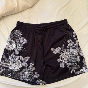 YoungLA Black and White Athletic Shorts with Floral Design